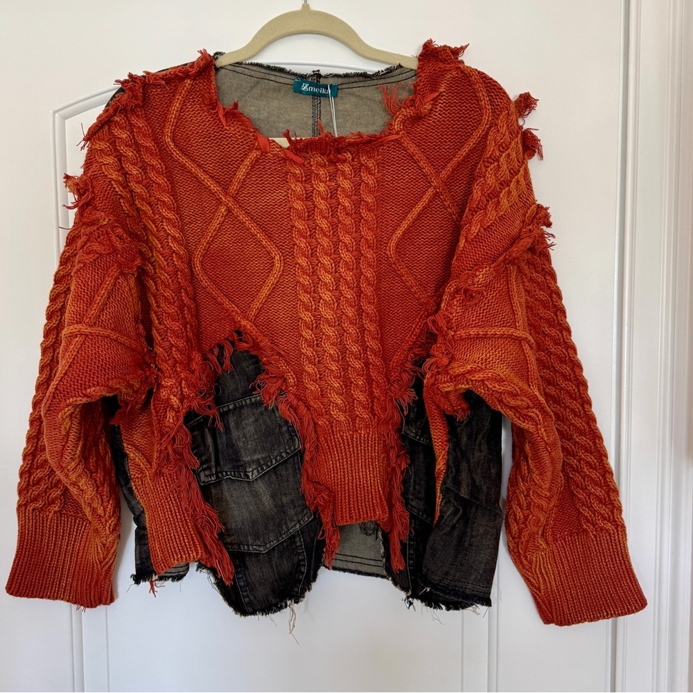 Upcycled Green Knit & Denim Destroyed Sweater – Statement Piece NWT - Picture 11 of 16